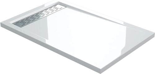 Plato de Ducha Plano Rectangular 80x120x5 cm Acrílico Blanco | Instalación a Ras de Suelo | Conexiones DIN | Xetro04W