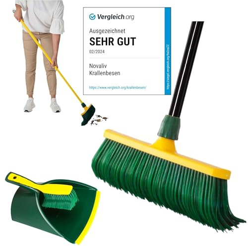 Novaliv Escoba premium con mango de 30 cm, incluye recogedor para exteriores, cepillo especial de cerdas curvas, cabezal de plástico, ideal como escoba de jardín, escoba rascadora, escoba de césped