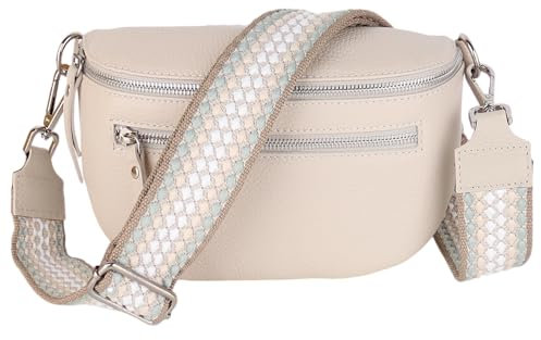 MIRROSI® Damen Bauchtasche Umhängetasche 27x14,5x8cm Damen, Made in Italy, aus Echtleder Tasche Echtes Leder, Brusttasche, Crossbody Bag,Bohemian Style (1 Tasche 2 Gurte) (Beige Pünktchen)