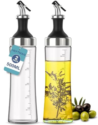 HEFTMAN Glass Olive Oil Dispenser Bottle - 2 x 500ml Easy Pour Oil & Vinegar Pots, Leak Free, Empty Salad Dressing Bottles with Wide Mouth & Removable Filter Oil Bottle - Spare Spouts, Label & Pen