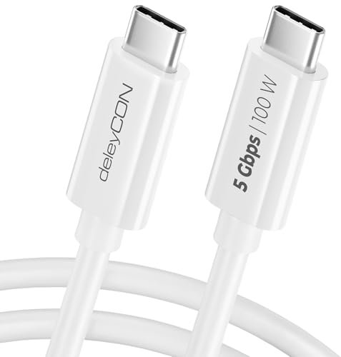 deleyCON 2m Cavo USB C (Ricarica Rapida 100W & 5 Gbit/s) Cavo di Ricarica USB-C per iPhone 16 15 Pro Max Samsung Galaxy S25 S24 S23 Pixel iPad Pro MacBook Air Tablets Switch PS5 - Bianco