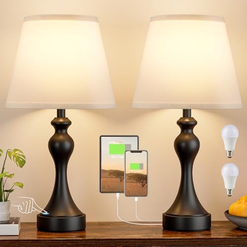Aooshine Table Lamps for Living Room, Large Metal Bedside Lamp for Bedroom with USB A+C Ports, 3 Way Dimmable Bedside Lamps Set of 2, Modern Touch Beside Table Lamp with White Shade(Bulbs Included)