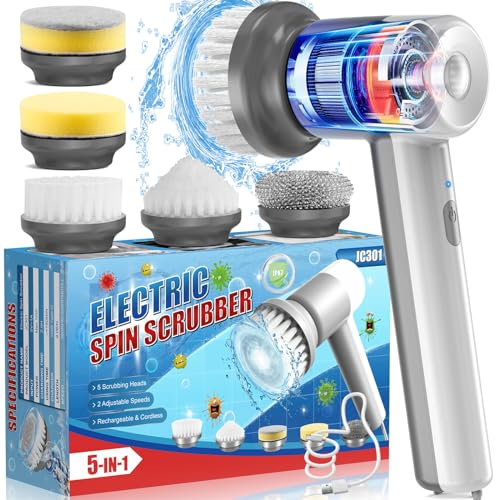 Cordless Rechargeable Electric Spin Scrubber - 2 Adjustable Speeds Portable & Lightweight Design, Comes with 5 Interchangeable Brush Heads for Bedroom, Kitchen, Sink, Floor, Bathtub & Wall Cleaning