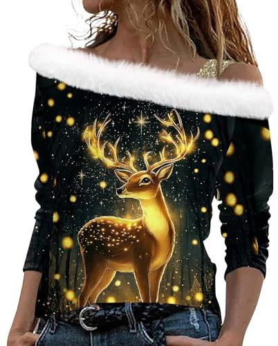 Plüsch Ausschnitt Pullover Off Shoulder Weihnachts Sweatshirt Weihnachtspullover Damen Slim Fit Langarmshirt Weihnachten Elegant Aufdruck Sweater mit Weihnachtsbaum Christmas Oberteile(Gray,M)