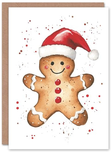 Artery8 Cute Santa Hat Gingerbread Man Blank For Him Or Her Art Xmas Festive Christmas Card