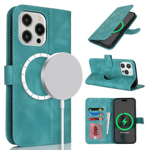 Zouzt Case for iPhone 14 Pro Max (6.7), [Compatible with MagSafe] Magnetic PU Leather Wallet Case with Card Holders and Kickstand, Wireless Charging Flip Folio Phone Cover - Vintage Green