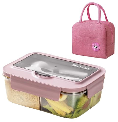 BRYN Bento Lunch Box Micro Ondable avec Sac Isotherme Repas, 1400Ml Boite Repas avec 3 Compartiments et Couverts, Boite à Lunch pour Pique-Nique, Travail, Écoles, Camping et Fitness (Rose)