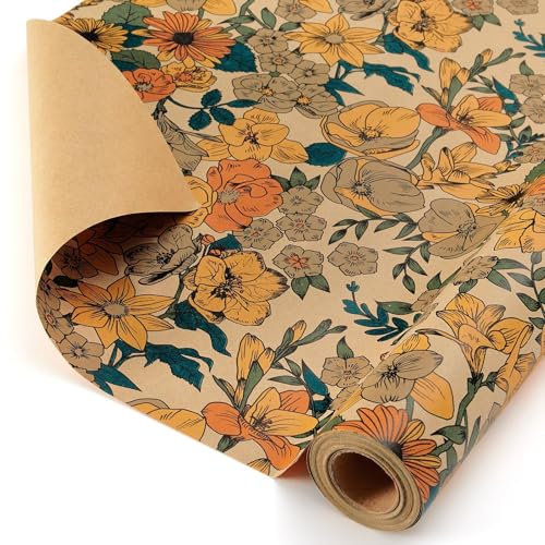 WERNNSAI Geschenkpapierrolle mit Blumenmotiv aus Kraftpapier – 1 Rolle 43 cm x 10 m Geschenkpapier für Blumensträuße Geburtstag braunes Geschenkpapier für Frauen, Erwachsene Partys Festivals Feiertage