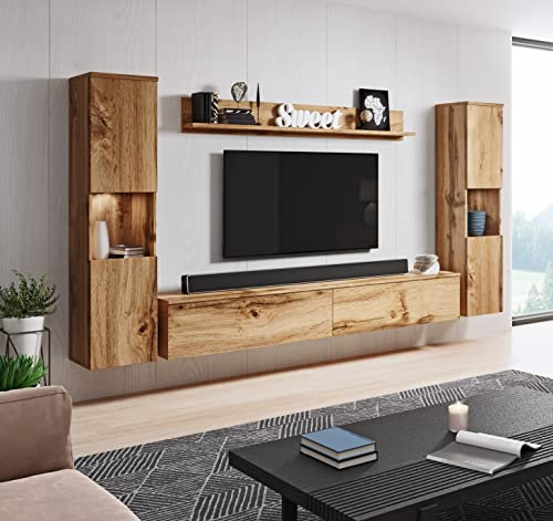 Modern Entertainment Center 4-teiliges Möbelset mit Hängeschränken oder Stehschränken Wohnwand Wotan Eiche Finish