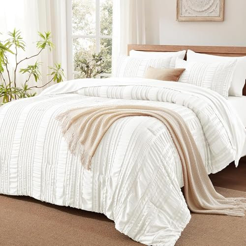 Luofanfei Boho Bettwäsche 135x200 Getuftet Weiß Uni Gestreift Muster Wendebettwäsche Set Microfaser Shabby Chic Bohemian Bettbezug und Kissenbezug 80x80 cm mit Reißverschluss