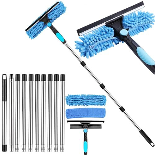 4.7m Window Squeegee,Window Cleaning Equipment With Long Handle,Telescopic Window Cleaner With Silicon Squeegee & Microfiber Scrubber For Shower Glass, Mirror,Door,Car
