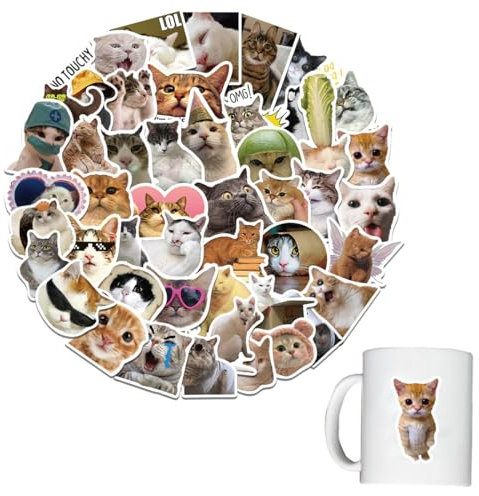 50 Stück Lustiges Katzen Aufkleber Set, Funny Meme Sticker Set, Meme Stickers for Car, süße Katzen Aufkleber, wasserfeste Vinyl Aufkleber ästhetische Aufkleber Wasserflaschen Sammelalbum Telefon