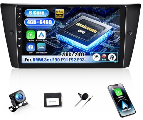 SIXWIN [Qualcomm 8 Core 4+64G] Android 15 Autoradio mit CarPlay/Android Auto für BMW 3er E90 E91 E92 E93 2005-2011,9 Zoll Touchscreen mit WiFi6 GPS Bluetooth5.1 FM/RDS DSP+Rückfahrkamera
