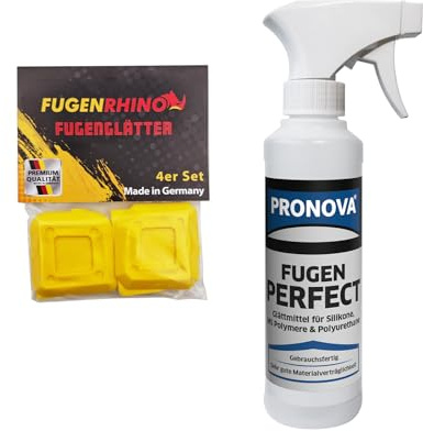 Fugenrhino Glättemittel Set Anwendungsfertiges Glättmittel für perfekte Fugen inklusive 4 Fugenglättern für Acryl- und Silikonfugen