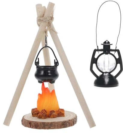 Miniatur Lagerfeuer Wichtelzubehör Set, Puppenhaus Deko mit Hängeofen, Feuerstelle, Handlampe, Holzstapel & Seil – Miniatur Weihnachtsdeko für Wichteltür Zubehör, Wichtelwelt & Puppenhaus DIY
