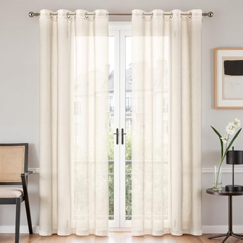 TOPICK Linen Look Net Curtains, Woven Sheer Voile, W55 xL84, Light Beige | Semi Transparent Long Woven Curtains for Living Room, Bedroom, Nursery, Office, Eyelet, 84 Inch Drop