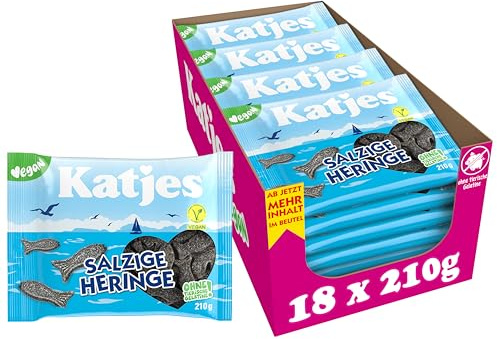 Katjes Salzige Heringe Vorratspack – Vegan, Halal, 18 x 210 g | Lakritz in Fischformen mit Salmiaksalz verfeinert, der Klassiker