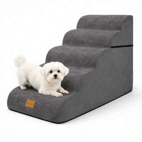 necvha Dog Steps for Bed, Premium 5-Step Dog Stairs, Non-Slip Pet Steps Ladder for Sofa, High Density Foam Pet Ramp with Removable Washable Plush Cover, 40x83x57cm, Grey