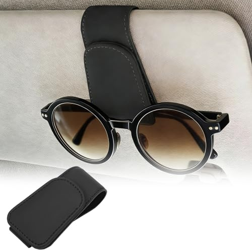 Sunglasses Holder for Car Visor, Leather Magnetic Glasses Clip and Ticket Card Holder ,Car Accessories for Men and Women, Suitable for Different Size Eyeglasses ,Universal Fit for All Cars (black)