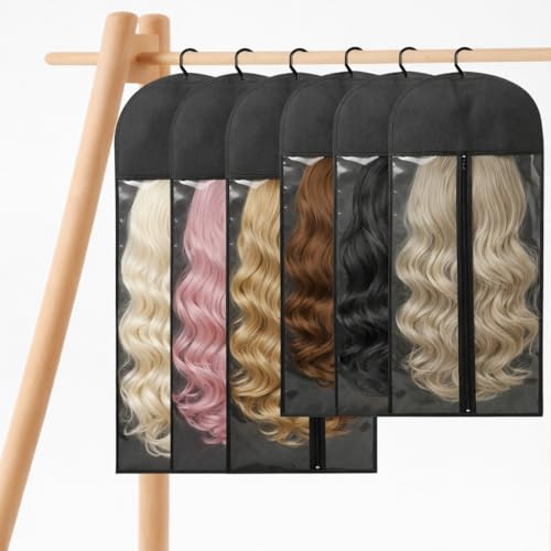 Qibivfo Perücken-Aufbewahrungstaschen, 6 Stück, 60/80 cm, mit Aufhänger | Aus Vliesstoff mit PVC-Sichtfenster und Reißverschluss; für Haarverlängerungen, Cosplay und Salon, faltbar und platzsparend.