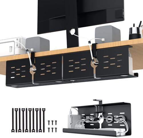 KEEGH 2 Pack Under Desk Cable Management Tray No Drill Clamp/Screw Mount | Upgrade Capacity Under Desk Cable Tray, Gaming/PC Cable Management Tray Cord Organizer Hiders for Home Office, Black