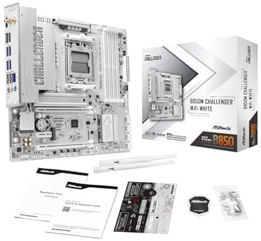 ASRock B850M Challenger WiFi White Socket AM5 Micro-ATX Scheda madre, compatibile con AMD Ryzen Serie 9000/8000/7000, B850, DDR5 8000+(OC), PCIe 5.0, WiFi 7, LAN 2.5G, porte Lightning da gioco