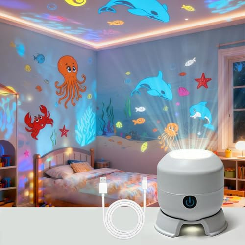 CHENRI Dynamic Rotating LED Projector Light, Colorful Rotating Projection Light, Rechargeable Ocean Snowflake Lights Projector, Adjustable Brightness LED Atmosphere Light for Bedroom (Ocean)