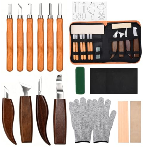 Wood Working Tools Kit, Wood Carving Kit for Adult Beginners, Professional Woodworking Tools Set, Including 4 Wood Knives and 6 Chisels, Basswood Blocks, Storage Bag, for DIY Lovers