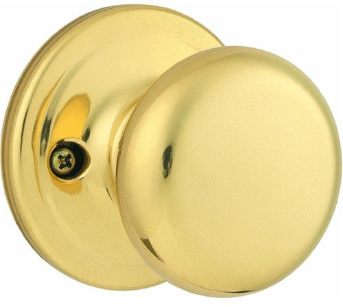 Kwikset Juno Dummy Door Knob, Single Sided Handle for Closets, French Double Doors, and Pantry, Polished Brass Non-Turning Interior Push/Pull Door Knob