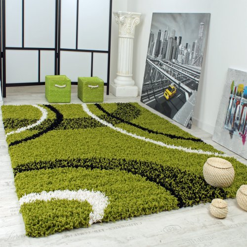 Paco Home Shaggy Teppich Hochflor Langflor Gemustert in Grün Schwarz Weiss, Grösse:140x200 cm