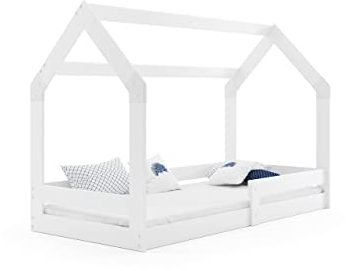 Interbeds Hausbett Kinderbett DOMEK 160x80cm aus Kiefernholz mit Lattenrost und Rausfallschutz komfortabel jugendbett (weiß ohne Schublade)