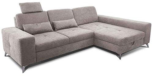 CAVADORE Ecksofa Bali / Trendige Sofaecke mit Longchair rechts, Kopfstütze & Nierenkissen / Inkl. Sitztiefenverstellung, Bett & Bettkasten / 286 x 92 x 176 / Flachgewebe: Beigegrau