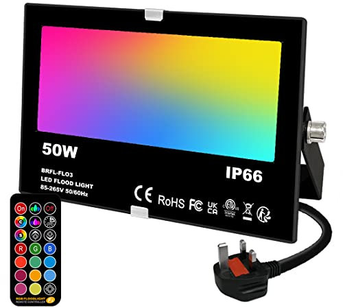 Mobri 50W LED Floodlight Outdoor, Colour Changing Flood Lights with Remote Control, 12 RGB Colours, Timing, 4 Modes, IP66 Waterproof, UK 3-Plug, 1 Pack