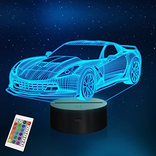 YuanDian Auto Nachtlicht, 3D LED Rennwagen Illusionslampe 16 Farben mit Fernbedienung Kreative Autogeschenke für Jungen