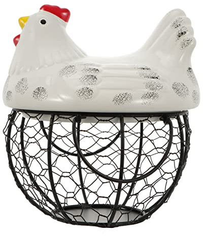Kitchen Storage Basket 1Pc Eggs Storage Basket, Hen Egg Basket Chicken Shape Iron Egg Basket with Ceramic Cover Storage Basket for Eggs Fruits Vegetables (White) Hen Shaped Egg Basket
