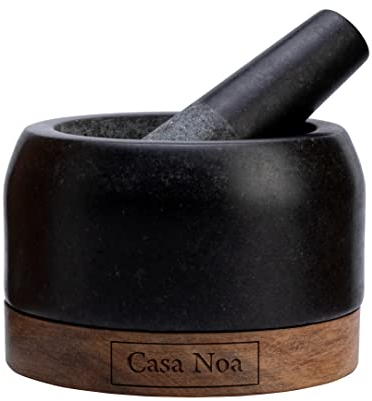 Casa Noa Set di mortaio e pestello con base in legno, granito lucido pesante e solido, 100% naturale, grande ciotola per guacamole, macinino per pietra, ciotola per molcajete, antigraffio, capacità