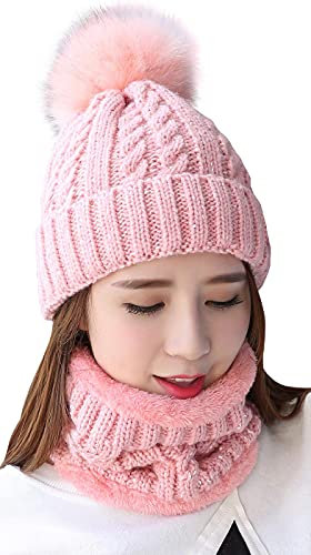 Ensemble bonnet d'hiver en tricot à pompons pour femmes et filles - Doux - Doublure polaire épaisse - Bonnet de ski chaud avec tête de mort, rose, taille unique