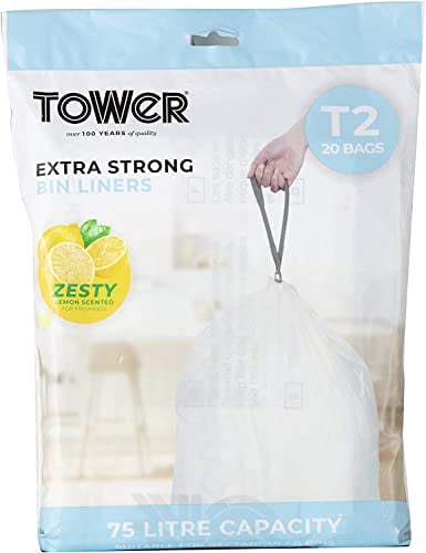 Tower T878001 75L Lemon Scented Bin Liners, Pack of 60 (3 x 20), White