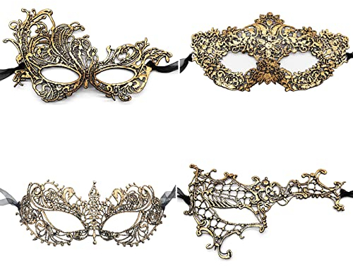 JewelryWe Schmuck 4 Stück Venezianische Maske Spitze Maskerade Maske Augenmaske Spitzenmaske Halbgesichtsmaske für Halloween Karneval Party Ball Cosplay Gold