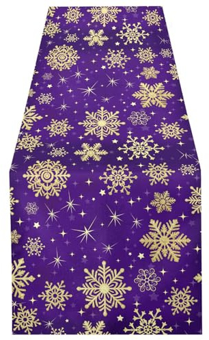 ALAZA Double-Sided Winter Violet Purple with Gold Snowflakes Christmas Table Runner 14x108 Inches Long,Table Cloth Runner for Wedding Birthday Party Kitchen Dining Home Everyday Decor