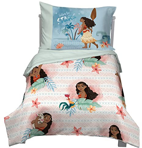 Disney Moana Bettwäsche-Set, 4-teilig, Bettdecke, Spannbettlaken, flaches Bettlaken, wendbarer Kissenbezug, Standardgröße, Koralle, Salbei, Blau