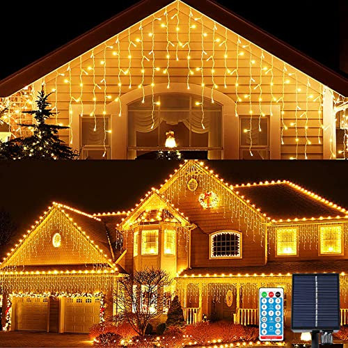 KINGCOO Solar Lichtervorhang Außen, Wasserdicht 10M 300LED Eisregen Vorhang Solar Lichterketten Fernbedienung 8Modi Innen Weihnachtsbeleuchtung für Garten Balkon Hochzeit Wanddekorationen(Warmweiß)