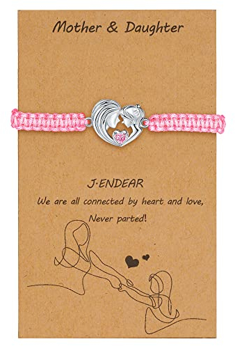 J.Endéar Mutter Tochter Armband Silber 925 für Damen Mädchen Rot Zirkonia Handgemachtes Kordel Herz Mutter Tochter Schmuck Geschenk, Rosa