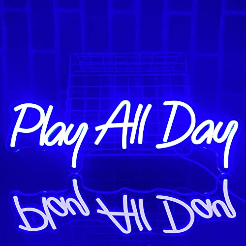 PILOYINDE Play All Day Leuchtreklame blauer Led Schriftzug Neon Schild Personalisiert USB-betriebene Leuchtreklame für Schlafzimmer Restaurant Bar Party Wanddekoration