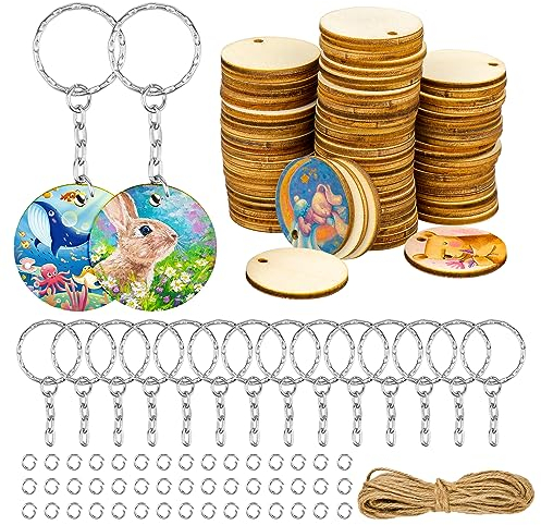 Meejoy 100 Stück Natürliche Runde Holzscheiben 3.5cm Unfertige Holzkreise mit Loch mit 50 Stück Schlüsselanhänger und 10m Hanfseil zum Basteln Hängende Dekoration Weihnachtsschmuck