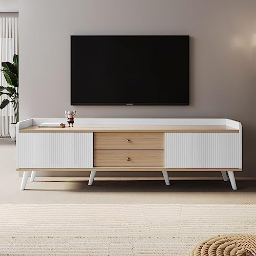 BTM Meuble TV, Design Blanc Élégant & 2 Tiroirs & Plateau Bas & 2 Portes Coulissantes, Table Télé Banc Télévision en Bois, Moderne pour Salon Chambre,160 x40x58cm