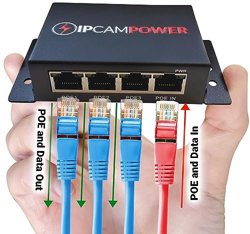 IPCamPower POE Powered 3 Port Switch & Network Cat5 Cat6 Midspan Cable Range Extender Pass Through Repeater for IP Cameras - Run Cables up to 1148'