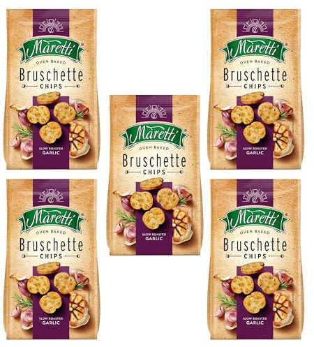 Maretti Bruschette Chips 70g | Italian Bagel Crisp Chips | 2 in 1 Snack | Freshly Oven-Baked Crispy Vegetarian Bites | GMO Free | Party Snacks Thin Bagels (Roasted Garlic, 5 Pack)