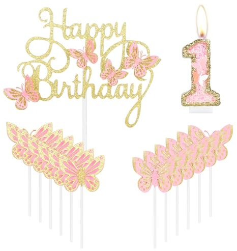 mciskin Gold Pink Happy 1st Birthday Candles,Butterfly Cake Decorations,Gold Pink Number 1 Candle for Cake Toppers Girls,Glitter Butterfly Topper for Girls' First Birthday Decorations