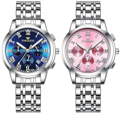 JewelryWe Uhren Damen Edelstahl Leuchtzeiger: 2pcs Datum Kalender 30m Wasserdicht Analog Quarz Armbanduhr Frauen Silber Edelstahl Armband Uhr Damenuhr mit Rosa/Blau Römischen Ziffern Zifferblatt